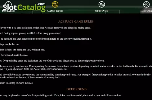 Game Rules screen. Ace Race slot