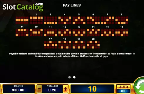 Paylines screen. Aztec Wheel slot