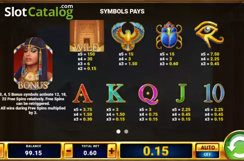 Paytable screen. Cleopatra's Millions slot