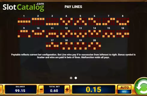Paylines screen. Cleopatra's Millions slot