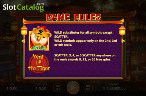 Wild and Scatter Symbols Screen. Year of the Tiger (KA Gaming) slot