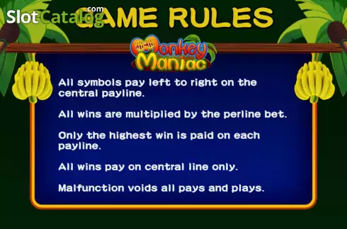 Game Rules screen. Monkey Maniac slot