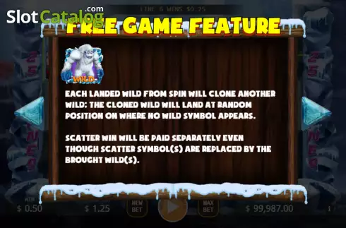 Free Game features screen. Bigfoot Yeti slot
