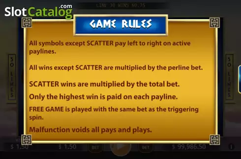 Game Rules screen. Apollo And Artemis slot