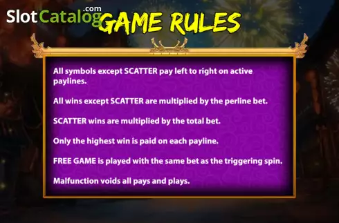 Game Rules screen. Five Sound Fortune slot