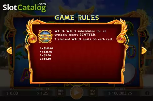 Game Features screen. Summer Samba slot