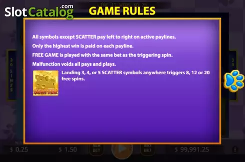 Game Rules screen. Cat and Mouse slot