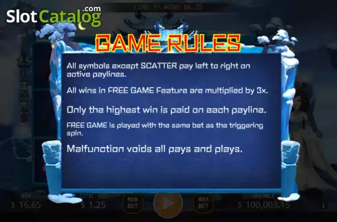 Game Rules screen. Snow Goddess slot