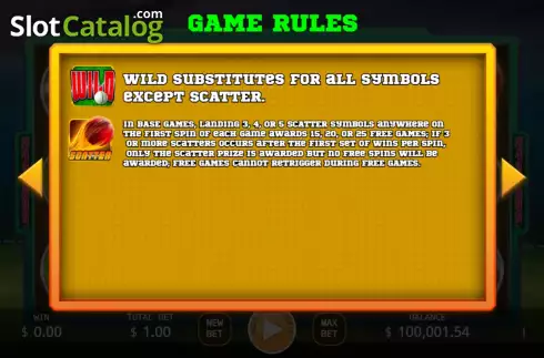 Game Rules screen 2. Cricket Winner slot
