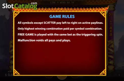 Game Rules screen. Zhong Yi and Dragon slot
