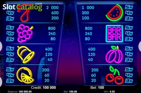 Paytable. Neon Fruits (Kajot Games) slot