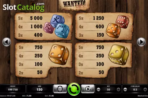 Paytable screen. Wanted Dice slot