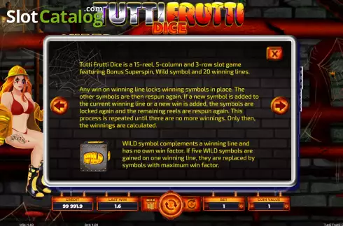 Game Features screen. Tutti Frutti Dice slot