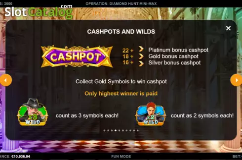 Cashpots and Wild screen. Operation: Diamond Hunt Mini-max slot