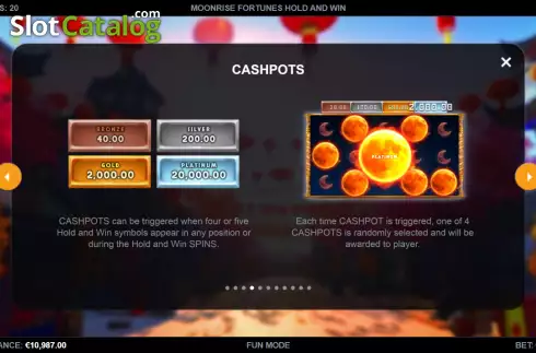 Cashpots screen. Moonrise Fortunes Hold & Win slot