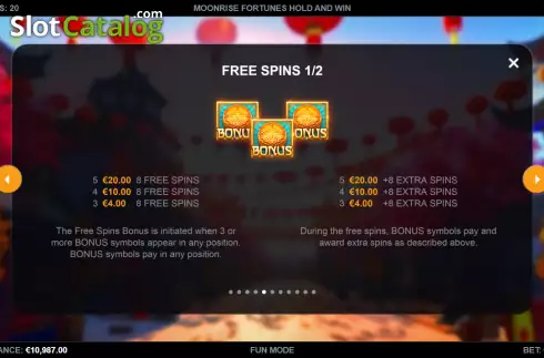 Free Spins screen. Moonrise Fortunes Hold & Win slot
