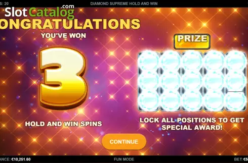 Hold and Win bonus screen. Diamond Supreme Hold and Win slot