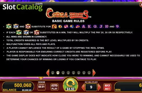 Game rules screen. Cobra Hearts slot