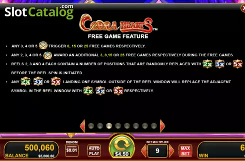 Free Game feature screen. Cobra Hearts slot