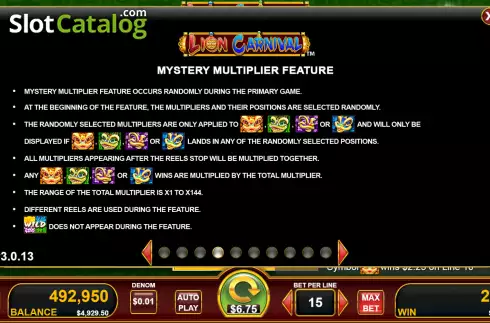 Mystery multiplier feature screen. Lion Carnival slot