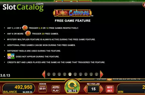 Free Game feature screen. Lion Carnival slot