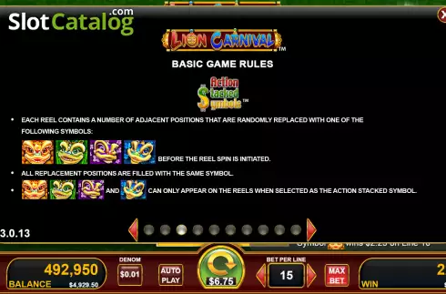 Action stacked symbols screen. Lion Carnival slot