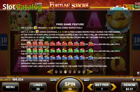 Free Games features screen. Fortune Stacks slot