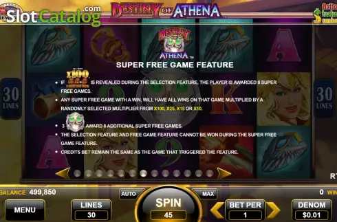 Super Free Games screen. Destiny of Athena slot