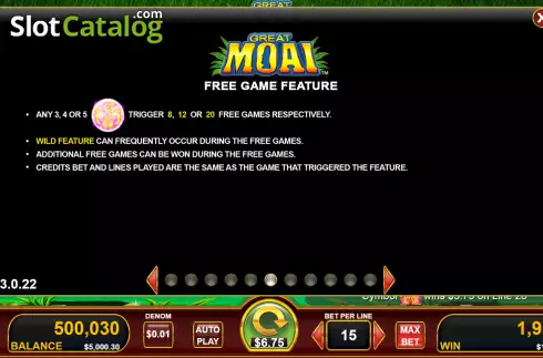 Free Games screen. Great Moai slot