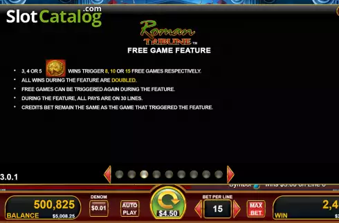 Free Game feature screen. Roman Tribune slot