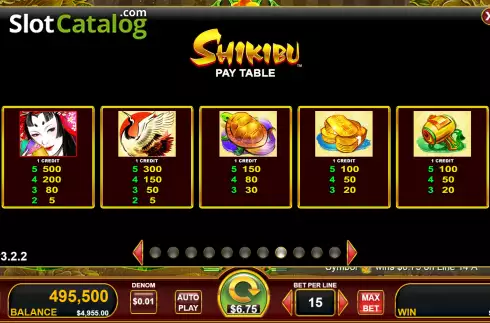 Paytable screen. Shikibu slot