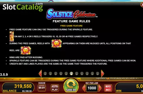 Free Game screen. Solstice Celebration slot