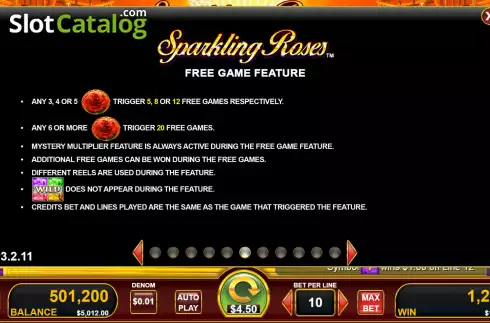Free Game feature screen. Sparkling Roses slot
