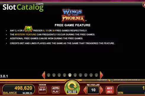 Free Game feature screen. Wings of the Phoenix slot