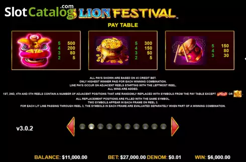 Paytable screen 2. 5 Lion Festival slot