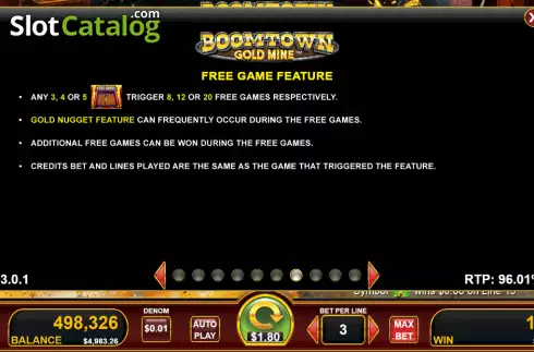 Free Game screen. Boomtown Gold Mine slot