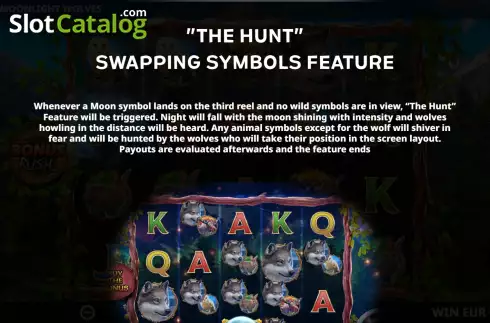 Swapping symbols feature screen. Moonlight Wolves slot