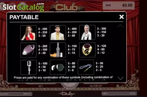 Paytable 1. Kulup (Club) slot