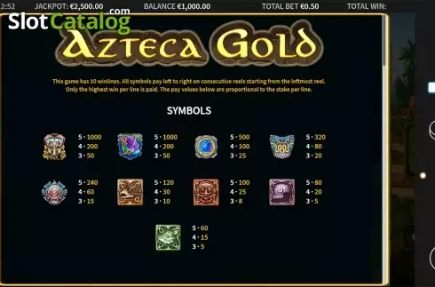 Paytable 1. Azteca Gold slot