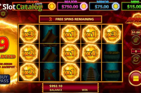 Hold & Spin feature game screen. Jewel of the Dragon Red Phoenix slot