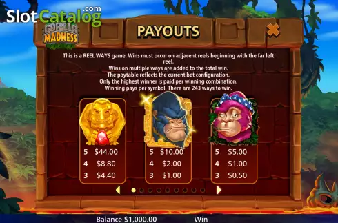 PayTable Screen. Gorilla Madness slot