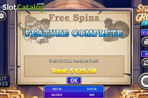 Win Free Spins screen. Stash and Grab Frenzy slot