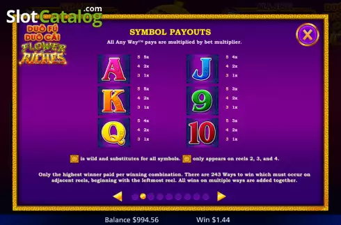 Paytable screen 2. Duo Fu Duo Cai Flower of Riches slot