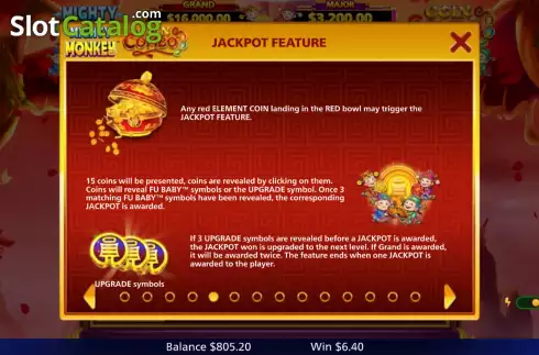 Jackpot Feature screen. Mighty Monkey Coin Combo slot