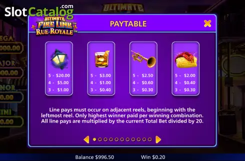 Paytable screen. Ultimate Fire Link Rue Royale slot