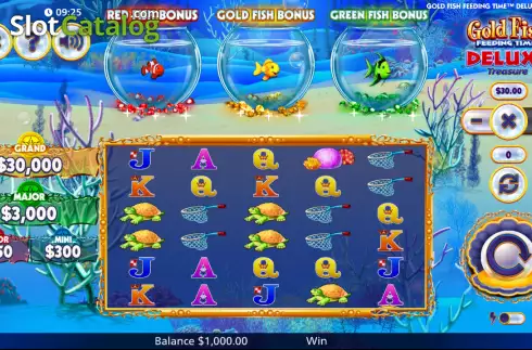Reels screen. Gold Fish Feeding Time Deluxe Treasure slot