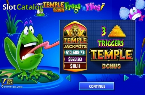 Intro screen. Frogs 'n Flies Temple Cash slot