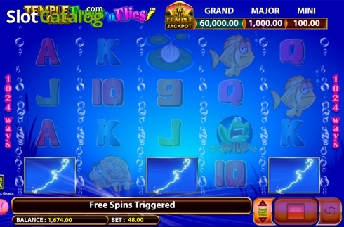 Free spins win screen. Frogs 'n Flies Temple Cash slot