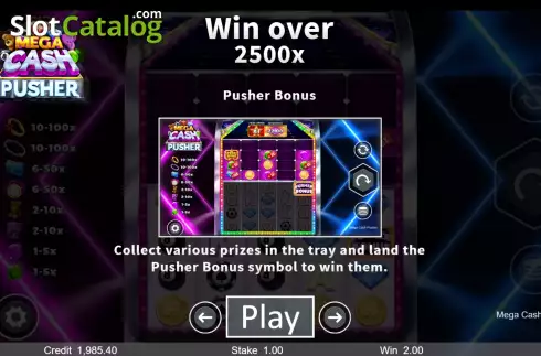 Game Features screen. Mega Cash Pusher slot