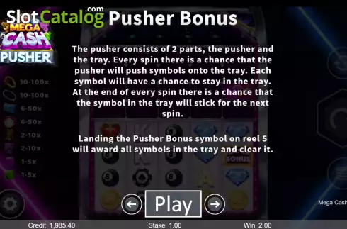 Game Features screen 2. Mega Cash Pusher slot